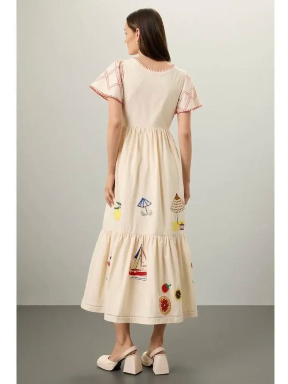 Hunter Bell Marley Cream‎ Fruit Sailboat Embroidered Midi Dress 8 - Picture 2 of 3
